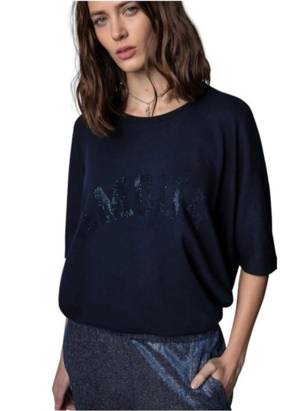 Zadig & Voltaire Portland Navy Embellished 'AMOUR' Crystal Sweatshirt
